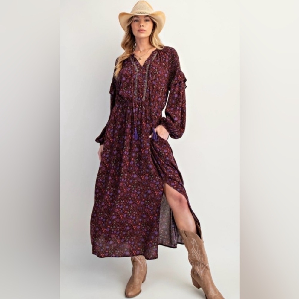 easel blk flrl ruff slv tassel tie maxi Drss WM 1X Western Prairiecore